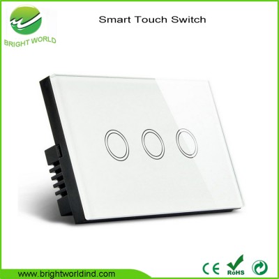 hot sale 3 gang luxury glass panel electric light sensor smart touch switch