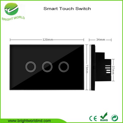 factory price best Selling 3 gang tempered glass panel smart home touch light wall switch